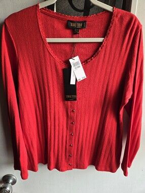 Truth Vibrant Red Ribbed Snap-Front Long Sleeve Top NWT